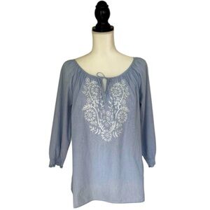 Chaps Blue Striped Embroidered Peasant Blouse Boho Cotton Tunic Top Size Small